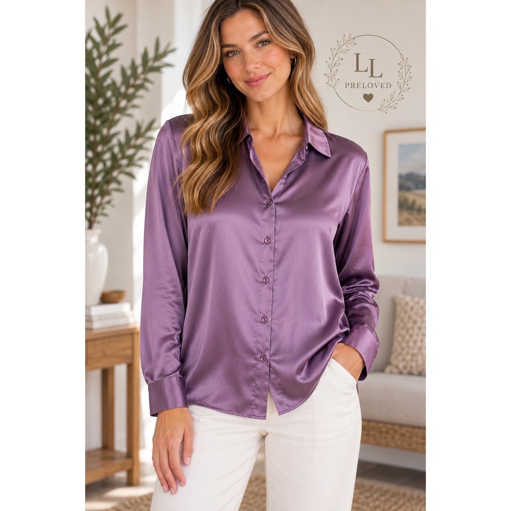 Eileen Fisher Silk Blouse Womens L Purple Stretch Satin Button Down Quiet Luxury